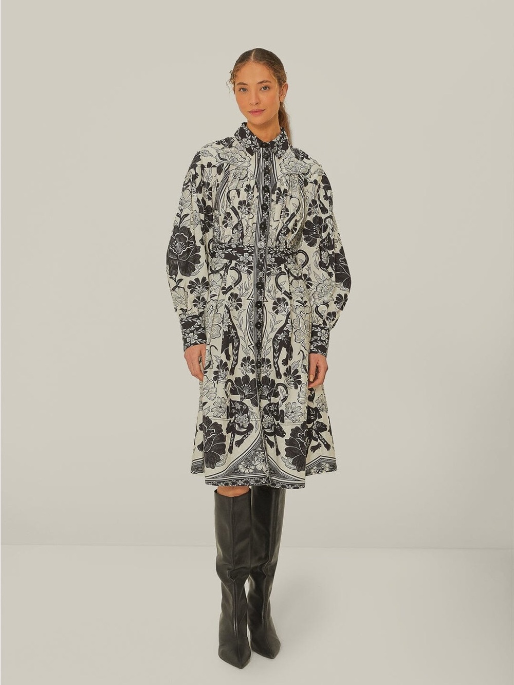 NWT FARM RIO Off-White Flower Leopards Collared Midi Dress